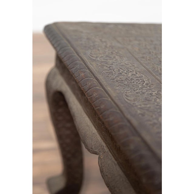 Mid 20th Century Vintage Indian Coffee Table with Brushed Metal Patina over Wood and Floral Décor For Sale - Image 5 of 13