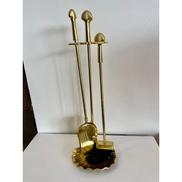 Vintage Brass Fireplace Tool Set Scallop Shell Design For Sale - Image 10 of 12