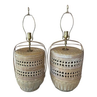 Vintage Large Pair Woven Rattan Wicker Basket Table Lamps Newly Wired For Sale