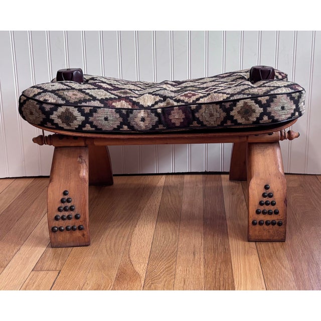 Vintage Moroccan Camel Saddle Footstool With New Southwest Upholstery For Sale In Columbus - Image 6 of 12