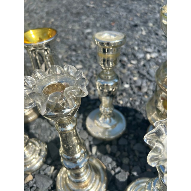 Glass Vintage Mercury Glass Candlesticks and Vases- Set of 10 For Sale - Image 7 of 17
