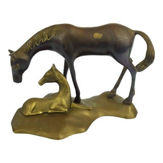 Mid 20th Century Solid Brass Mare and Foal Horses on a Base Figurines For Sale