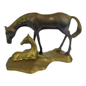 Mid 20th Century Solid Brass Mare and Foal Horses on a Base Figurines
