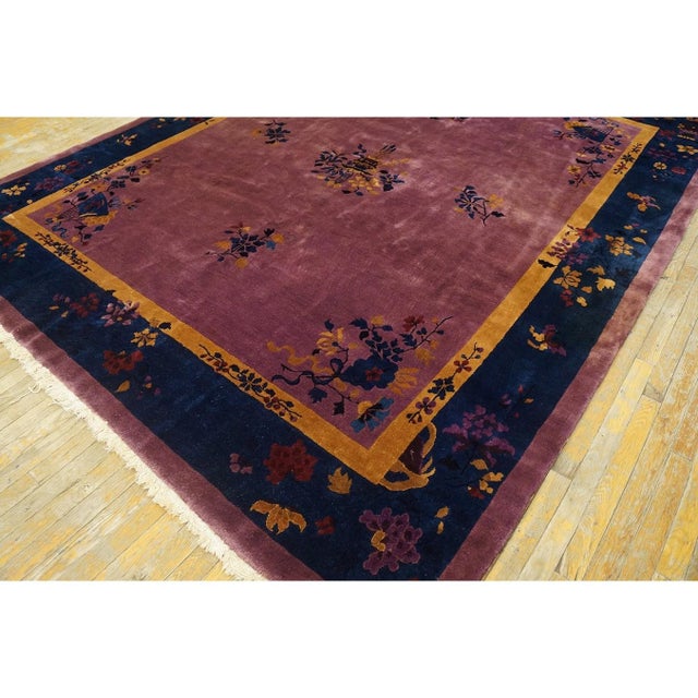 Antique Chinese Art Deco Oriental Modern Floral Purple Field 1920s Knotted Rug For Sale In New York - Image 6 of 10