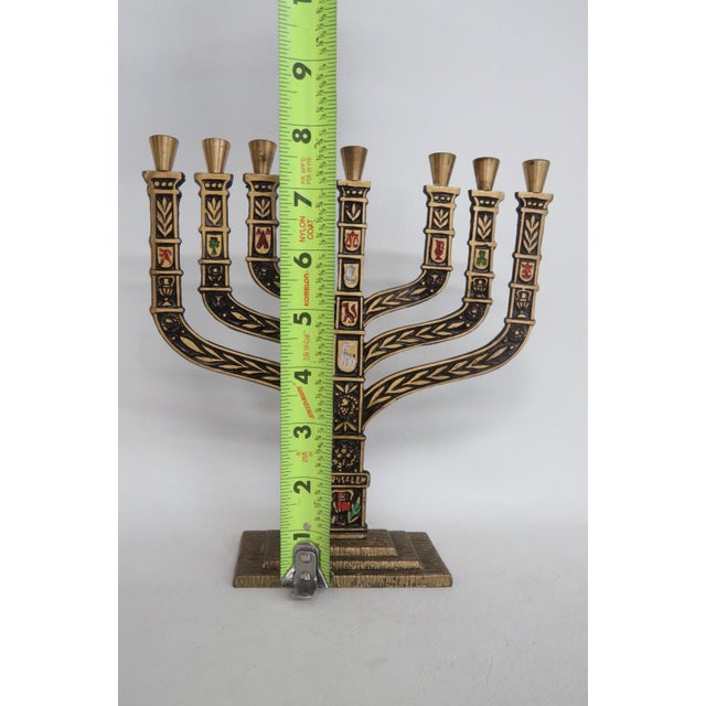 Jerusalem Seven Branch Brass Menorah Enamel Shields 12 Tribes of Israel 4504b For Sale In Miami - Image 6 of 14