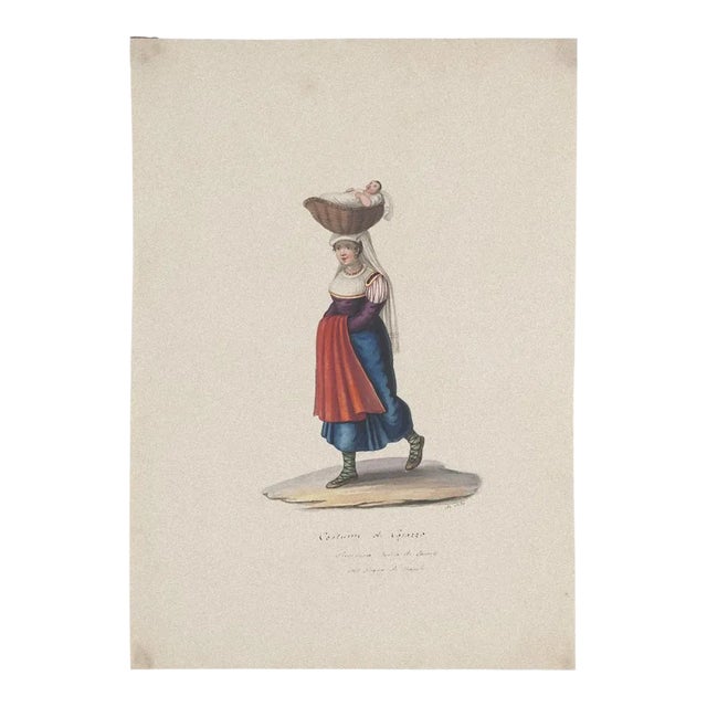 Michela De Vito, Costume of Cajazzo, Original Gouache, 19th Century For Sale