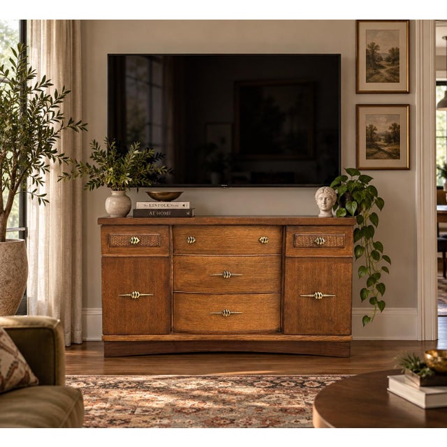 Mid-Century Modern Vintage Stanley Bow-Front MCM Credenza Sideboard, Refinished, 48" For Sale - Image 3 of 14