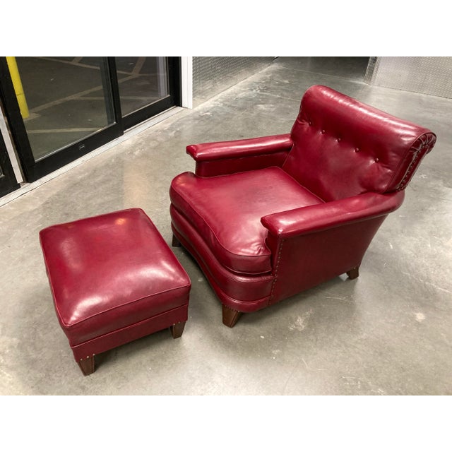Art Deco American Art Deco Club Chair & Ottoman in Red Naugahyde - a Pair For Sale - Image 3 of 13