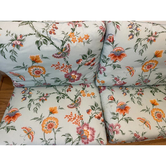 1960s Mid 20 Th C Vintage Floral Chintz Loveseat Sofa Blue Orange For Sale - Image 5 of 14