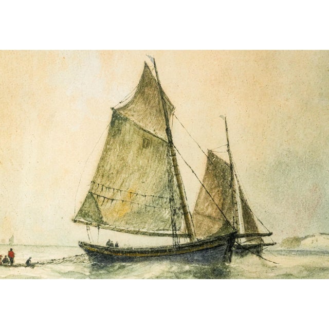 Lovely Large Gold Gilt Frame Antique Victorian Maritime Watercolor Painting Fishing Sailboat Ocean Wall Home Decor Nautical Art For Sale In New York - Image 6 of 18