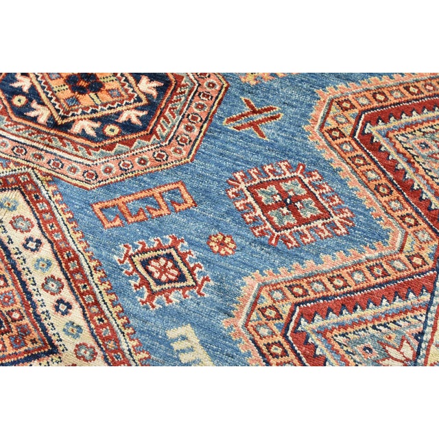 Blue Fine Kazak Rug 5’2” X 6’2” Blue Wool Tribal Hand-Knotted Oriental Carpet For Sale - Image 8 of 12