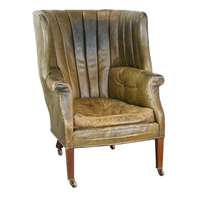Large Antique Barrel Back Wing Chair in Leather For Sale