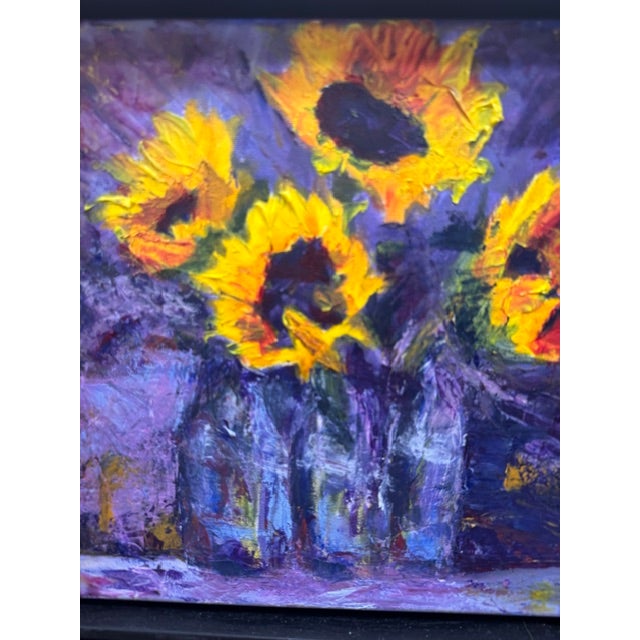 Sunflowers in Blue Bottles by Kathleen Varadi, Contemporary Floral Still Life Painting For Sale In Savannah - Image 6 of 9