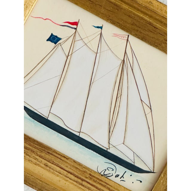 Coastal Original Hand-Painted Sailboat Painting in a Vintage Italian Frame For Sale - Image 3 of 3