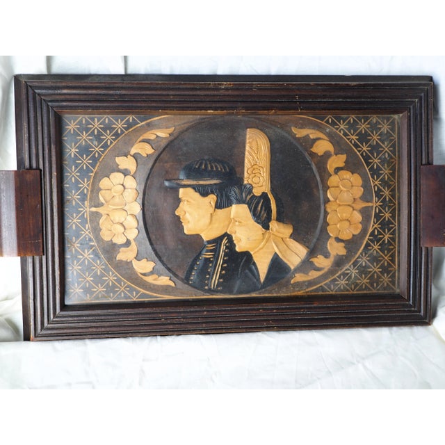 1930s French Breton Carved Wood Wedding Serving Tray, Couple in Traditionnal Costume For Sale - Image 6 of 11