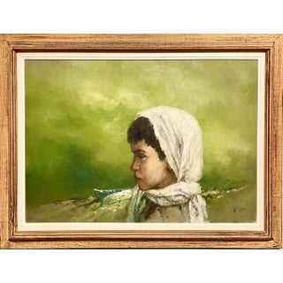 William Weintraub, Large Israeli Expressionist Orientalist Oil Painting Draped Child Kibbutz Art, 1965 For Sale
