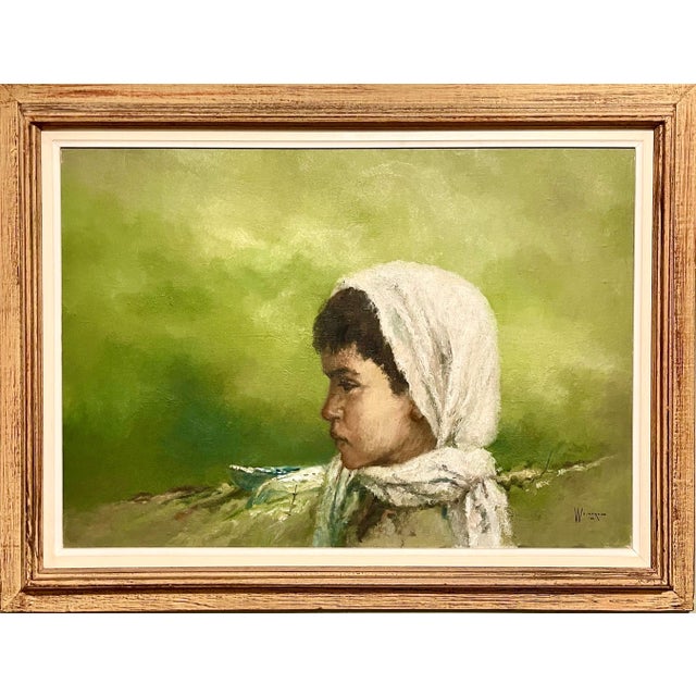 William Weintraub, Large Israeli Expressionist Orientalist Oil Painting Draped Child Kibbutz Art, 1965 For Sale