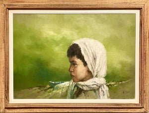William Weintraub, Large Israeli Expressionist Orientalist Oil Painting Draped Child Kibbutz Art, 1965
