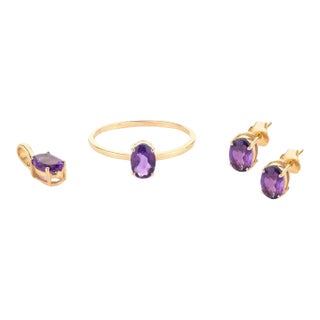 18k Gold Minimal Amethyst Jewelry Set Pendant, Ring Size 7 and Stud Earrings- 4 Pieces For Sale