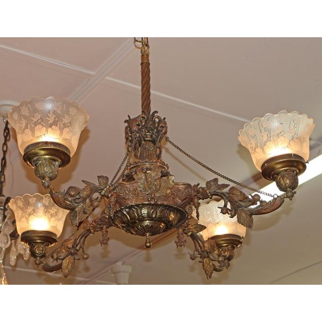 19th Century Bronze 4 Light Etched Glass Shade Gas Chandelier Gasolier For Sale - Image 12 of 18