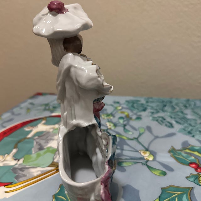 Ceramic Vintage Hand-Painted Porcelain Dandy Figurine – Colonial Style Young Man Spill Vase / Match Holder For Sale - Image 7 of 9