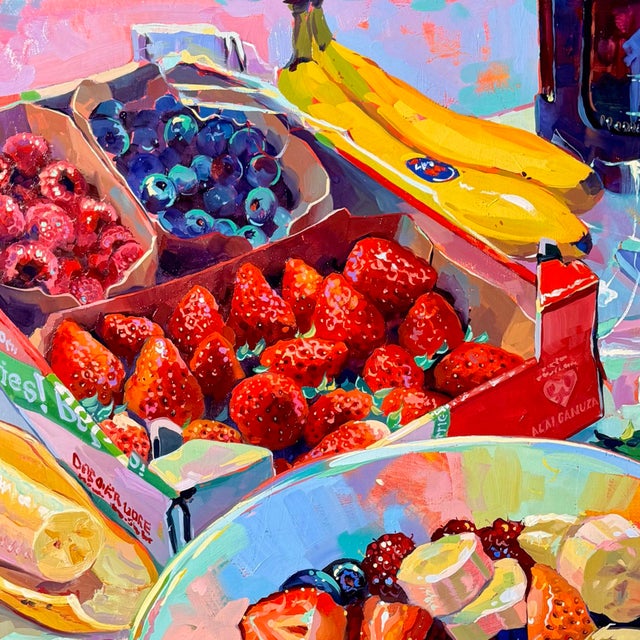 Macedonia by Alai Ganuza | Oil Painting on Cradled Wood Still Life of Fruit in Bowls For Sale - Image 4 of 5
