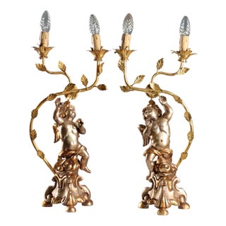 Carved and Gilded Wooden Candelabra, Set of 2 For Sale