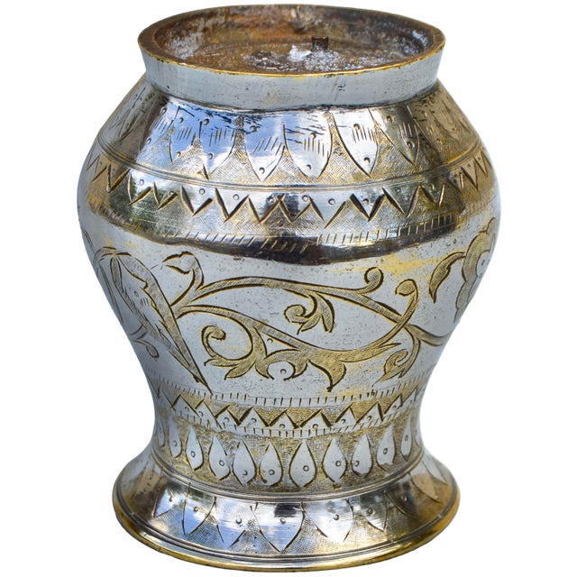 Mid 20th Century Early 20th Century Handmade Moorish Silver Vase W/ Brass Floral Engravings For Sale - Image 5 of 9