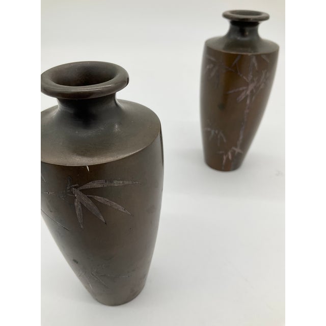 Vintage Japanese Silver Inlaid Bamboo Design Bronze Vase Set of 2 Meiji Period For Sale - Image 14 of 17