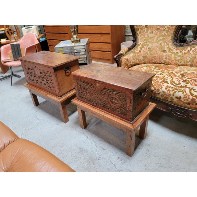 Two Indonesian Dowry Chests on Stands From Bali (Nightstands or End Tables?) For Sale - Image 16 of 18