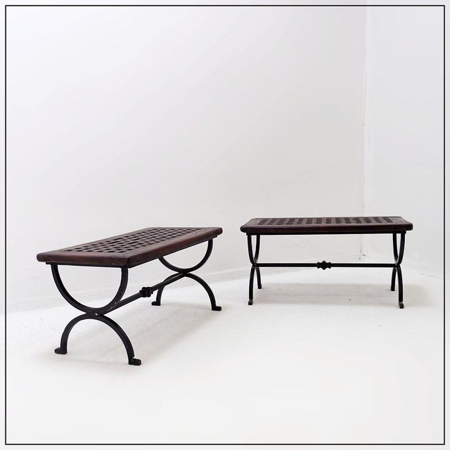 Benches in Openwork Wood with Wrought Iron Legs, Set of 2, in Good conditions. Designed 1980 to 1989