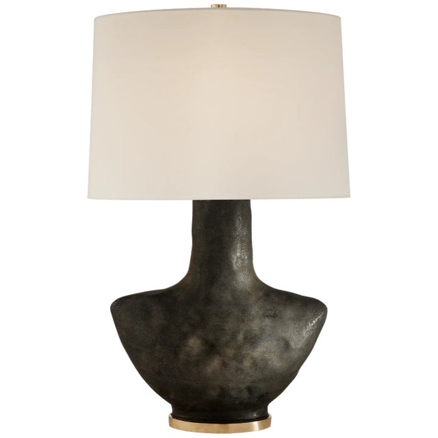 Armato Small Table Lamp in Stained Black Metallic Ceramic with Oval Linen Shade Designer: Kelly Wearstler Height: 28"...