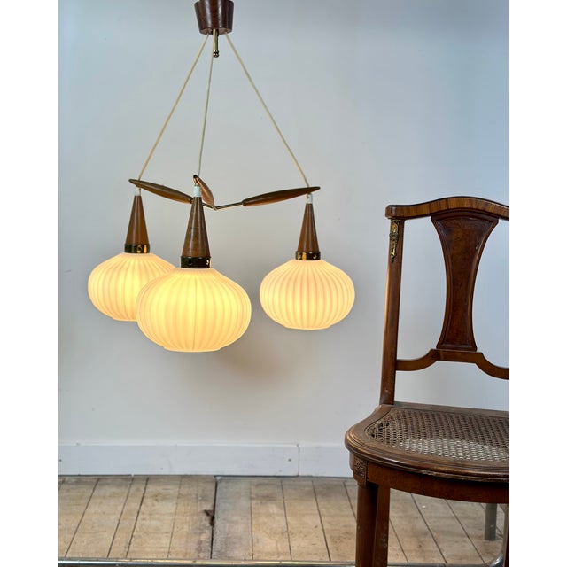 Brown Vintage Scandinavian Chandelier in Brass, Glass, and Teak from Louis Kalff, 1960s For Sale - Image 8 of 12