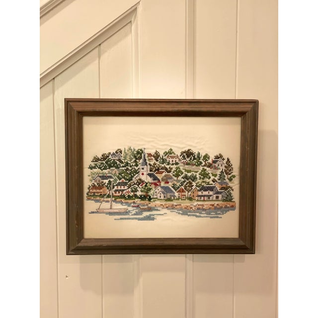 Textile Harbor and Village and Sailboat on the Ocean Framed Textile Art Needlepoint Cross Stitch For Sale - Image 7 of 7