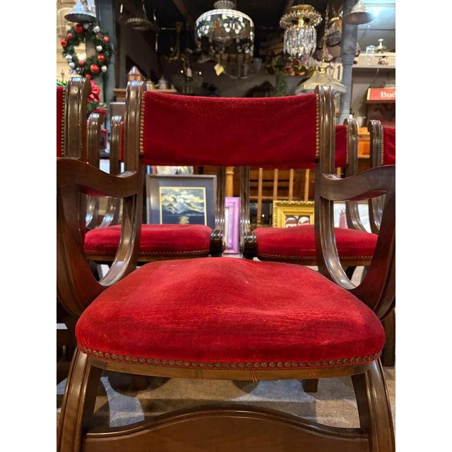 Custom Vintage 1960s Mid Century Modern Marlau of Madrid Glass Top Dining Table With 6 Red Velvet Curule Style Dining Chairs For Sale - Image 4 of 9