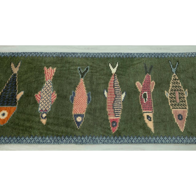Textile Koi Fish Olive Green Hand Knotted Runner Rug 2.6x12Ft. For Sale - Image 7 of 18