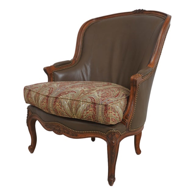 French Louis XV Style Leather and Mahogany Bergere Chair For Sale