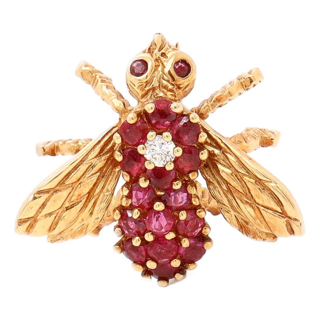 Signed Herbert Rosenthal 18k Gold, Natural Ruby, & Diamond Bee / Insect Brooch For Sale