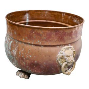 Early 20th Century Copper Planter Pot With Brass Lion's Head Handles and Lion's Claw Feet