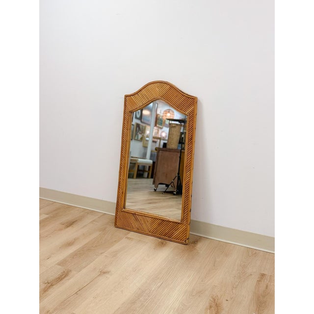 Hollywood Regency Coastal Pencil Reed Tall Arched Rectangular Wall Mirror, Woven Wood Frame Boho Wall Mirror For Sale - Image 3 of 10