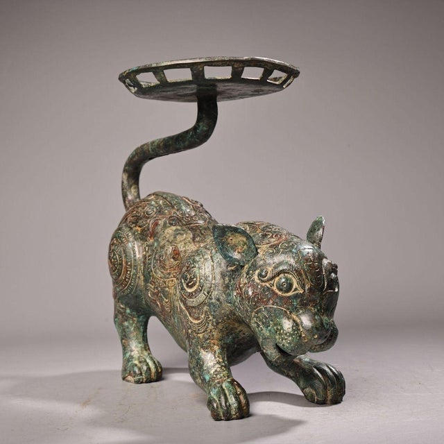 Late 19th Century Late 19th Century Bronze Tiger-Form Fruit Tray, 2600g, Archaic Motifs, Sculptural Stand For Sale - Image 5 of 10