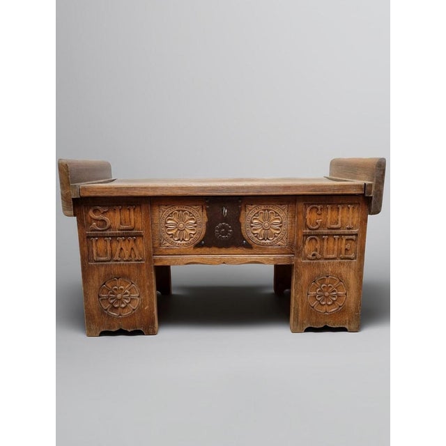 Vintage brutalist oak wooden chest bench coffer with black iron hardware, 1960s the bench is hand crafted from massive oak...