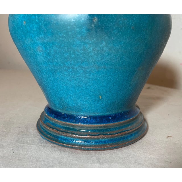 Rare Vintage Handmade Neil Patterson Bright Baby Blue Glaze Pinched Pottery Vase For Sale - Image 12 of 16