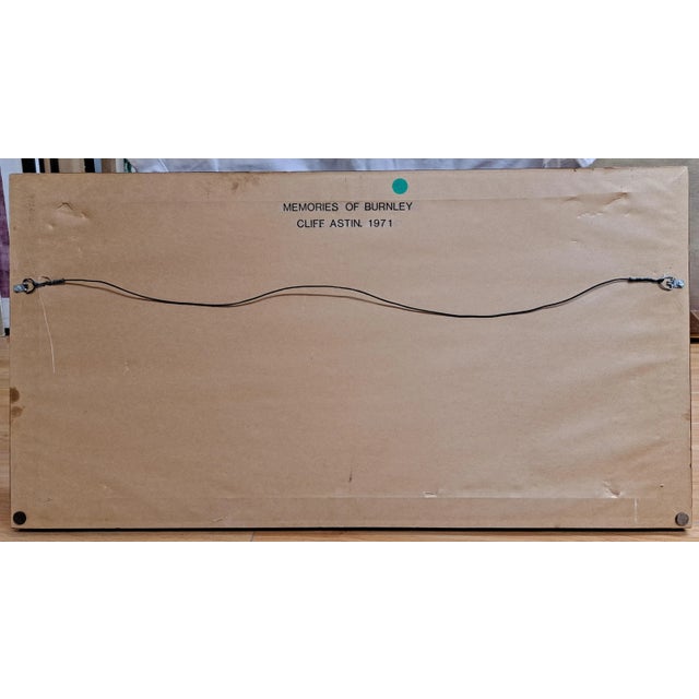 Cliff Astin British folk artist painting circa 1971 Oil on masonite "Memories of Burnley" 14 x 29.5 unframed, 17.25 x 32.5...