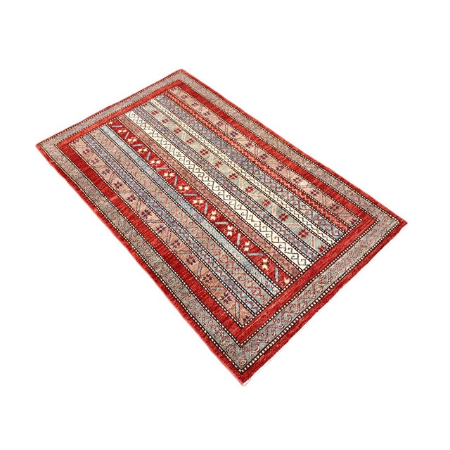 Art Deco 2'11" X 4'10" Small Hand Knotted Geometric Persian Afshari Design Rug (3' X 5') For Sale - Image 3 of 11