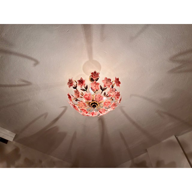 Glass Vintage Murano Glass Floral Chandelier – Rare Deep Pink Flowers, Flush Mount For Sale - Image 7 of 18
