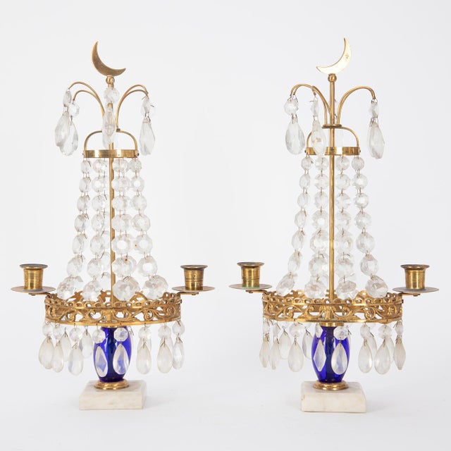 Pair of Swedish Crystal Prism Candelabra With Cobalt Blue Glass & Crescent Moon Finials For Sale - Image 4 of 4