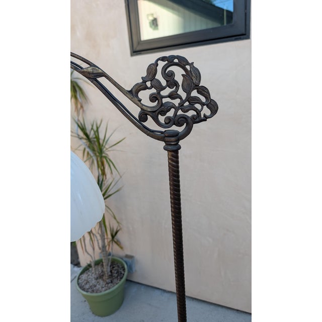 Antique Victorian Cast Iron Bridge Floor Lamp — Milk Glass Cloche For Sale - Image 4 of 5
