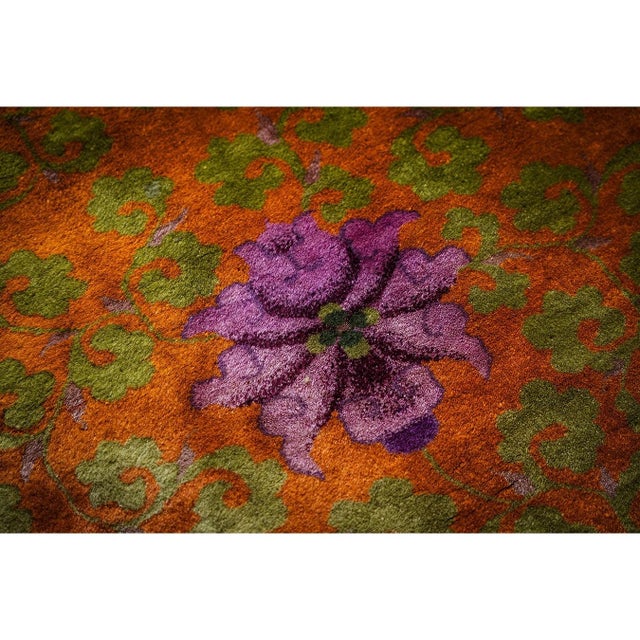Textile 1920s Orange Branches Sprays Modern Floral Antique Chinese Knotted Art Deco Rug For Sale - Image 7 of 10