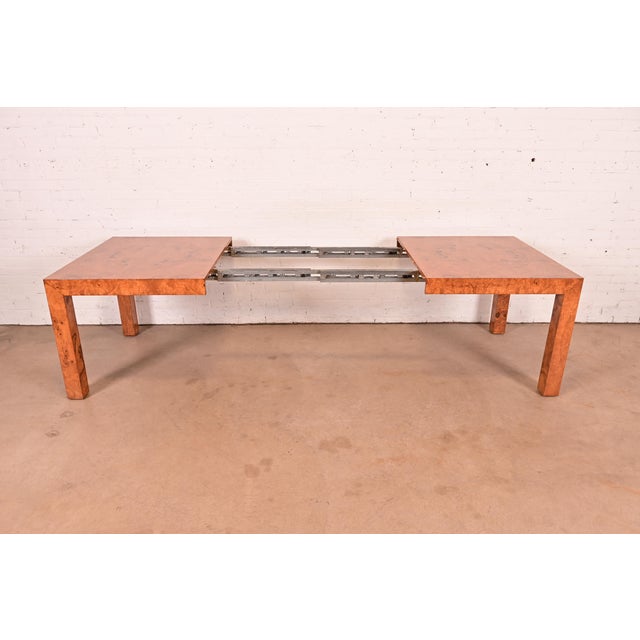 Milo Baughman for Thayer Coggin Mid-Century Modern Burl Wood Parsons Extension Dining Table, Newly Refinished For Sale In South Bend - Image 6 of 15